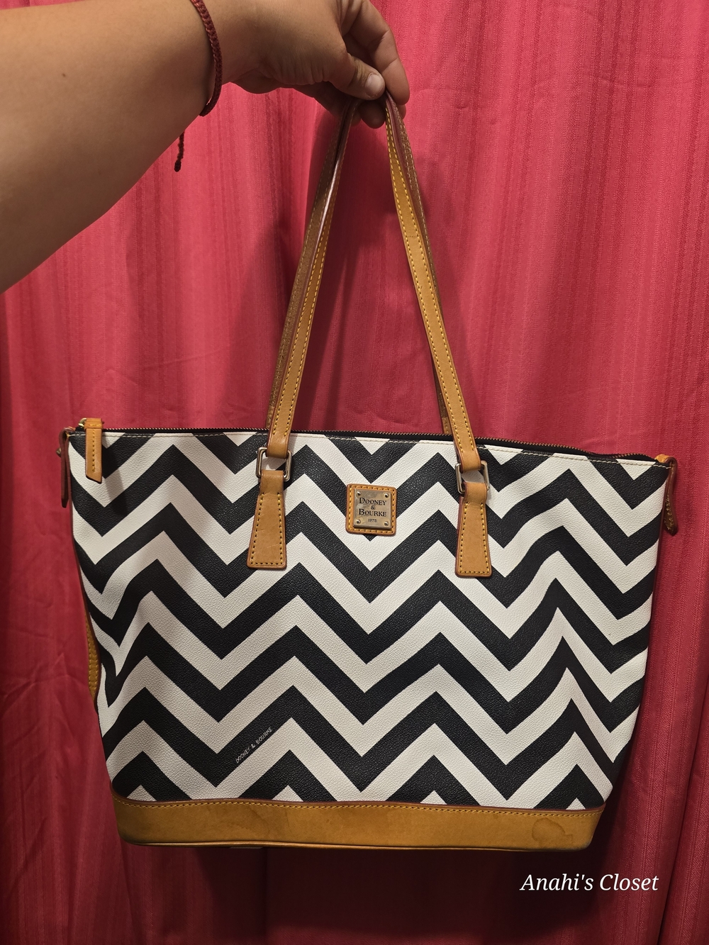 Dooney & Bourke Black and White Chevron Tote with Tan Leather Trim